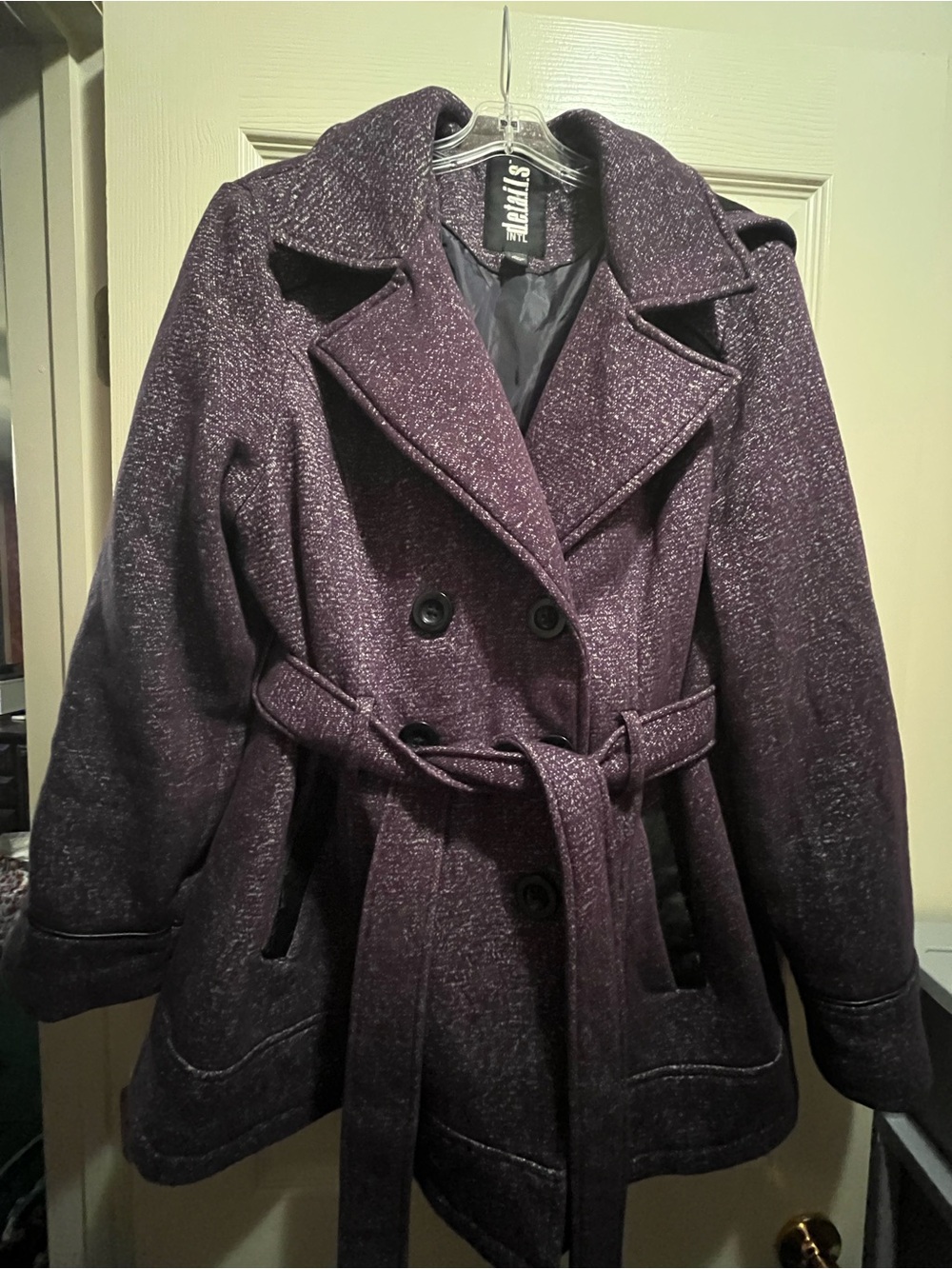 details INTL Women’s Purple Hooded Belted Double-Breasted Pea Coat Mid-Length L